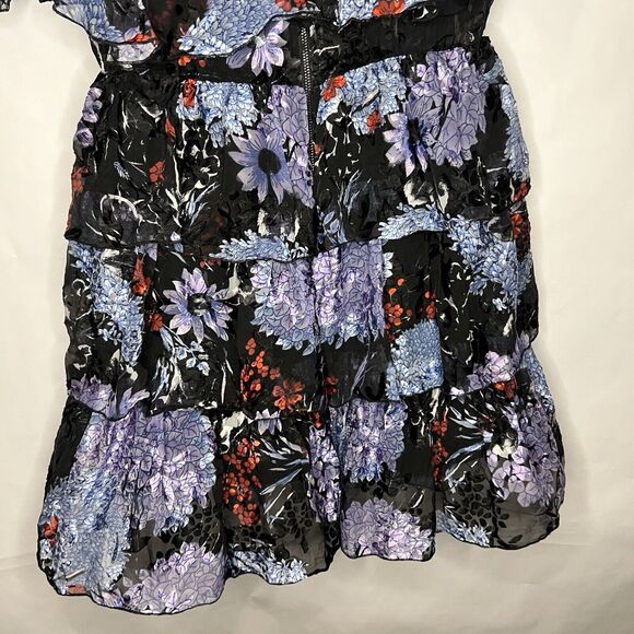 Alice + Olivia Size 10 Nichola Black Blue Red Cold Shoulder Ruffled Floral Dress - Picture 14 of 16